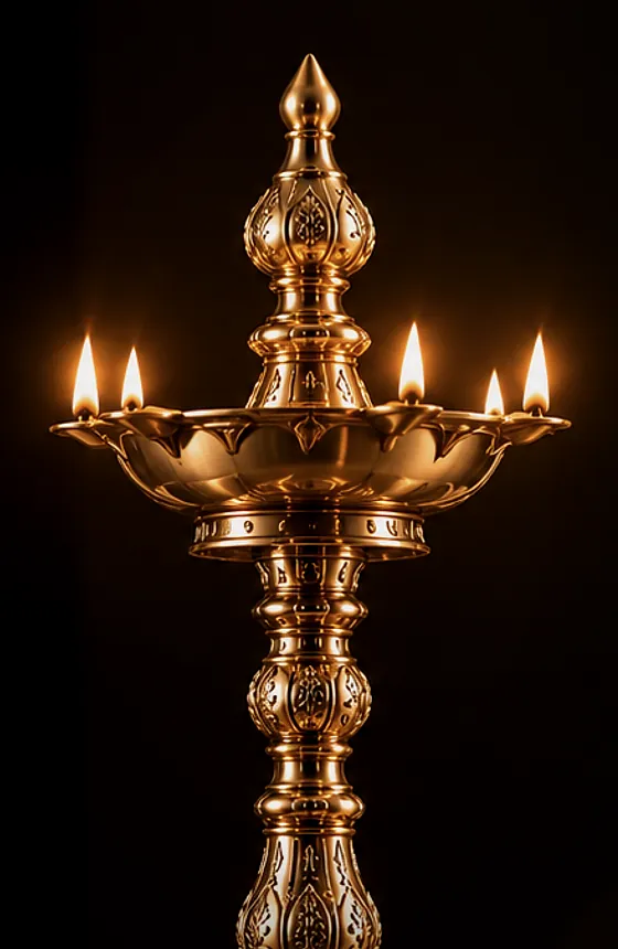 Close view of a lit brass kuthuvilakku