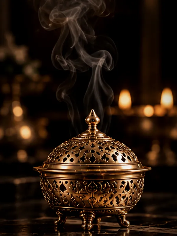 Brass dhoop burner with incense smoke